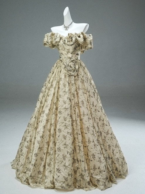 Champagne Print Off the Shoulder Prom Dress