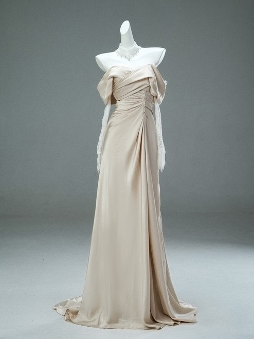 Champagne Satin Long Sleeve Pleats Prom Dress