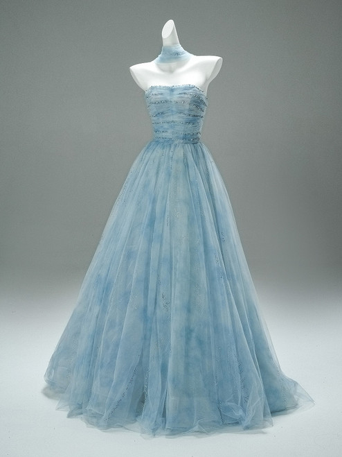 Blue Tulle Pleats Beading Prom Dress
