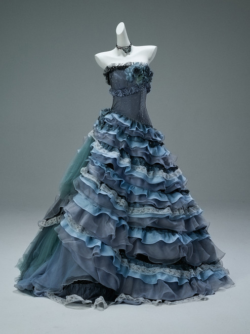 Blue Tulle Strapless Tiers Quinceanera Dress