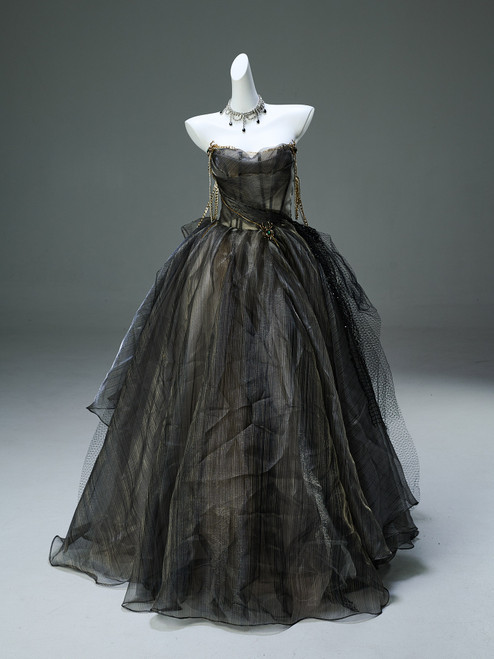 Black Tulle Strapless Beading Prom Dress