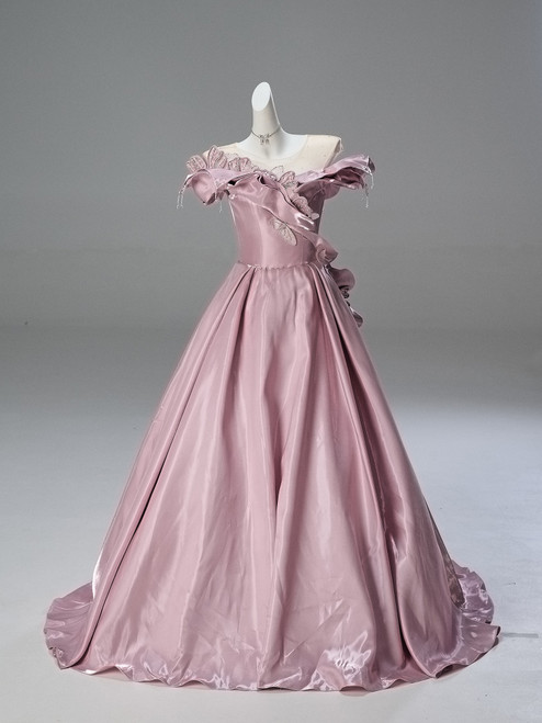 Pink Satin Scoop Neck Beading Prom Dress