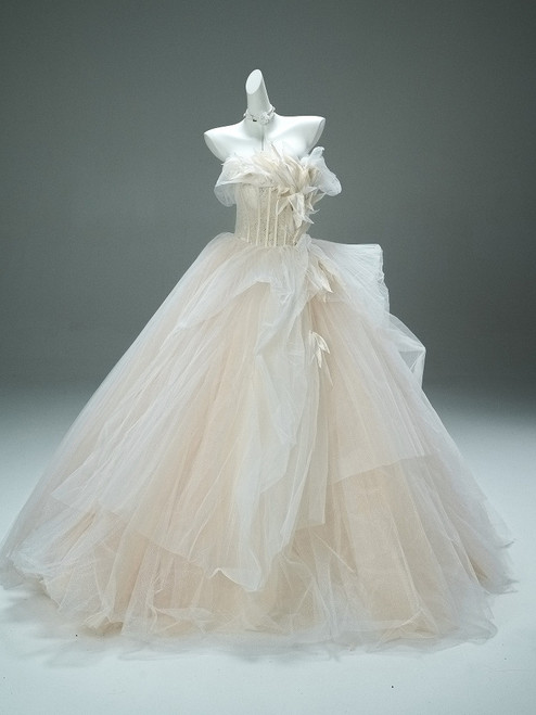 Beige White Tulle Strapless Quinceanera Dress
