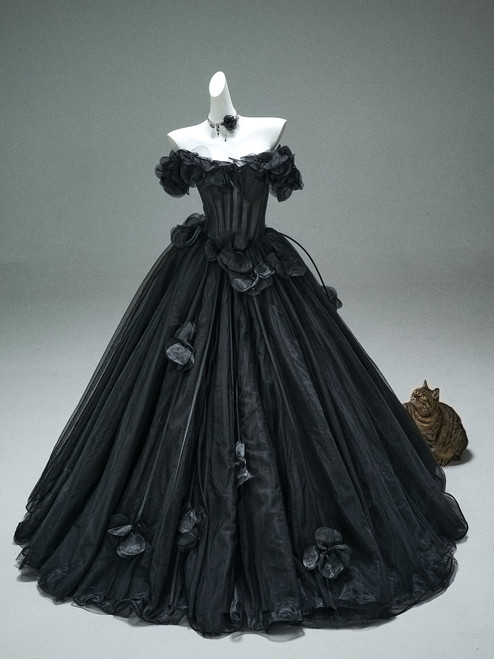 Black Tulle Off the Shoulder Flower Prom Dress
