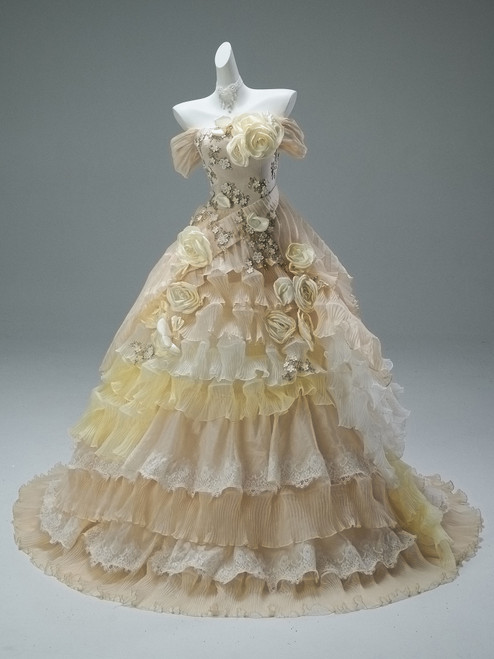 Champagne Tulle Tiers Flower Prom Dress