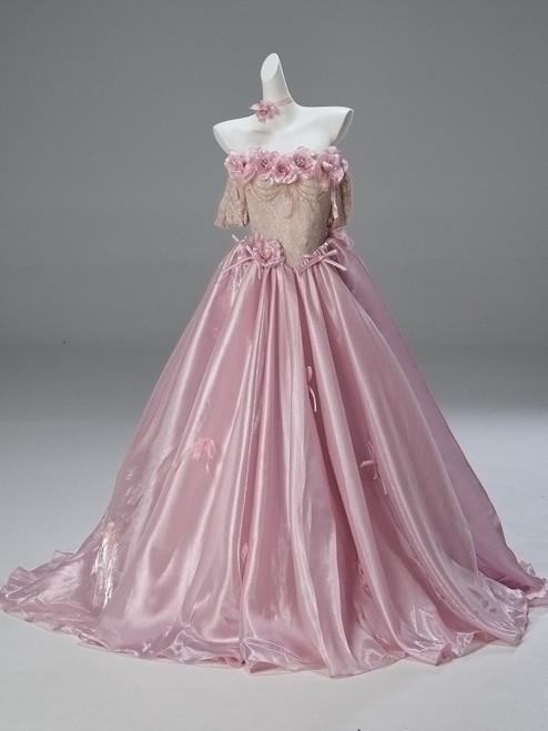 Pink Strapless 3D Flower Beading Prom Dress