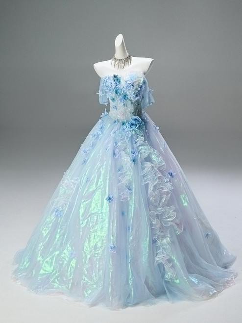 Blue Strapless 3D Flower Quinceanera Dress