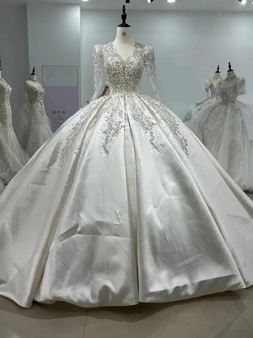 White Satin Long Sleeve Beading Wedding Dress