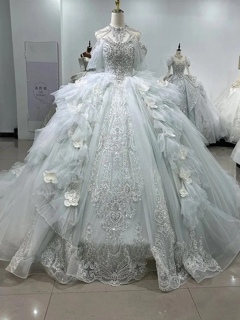 Luxury Tulle Halter Beading Crystal Wedding Dress