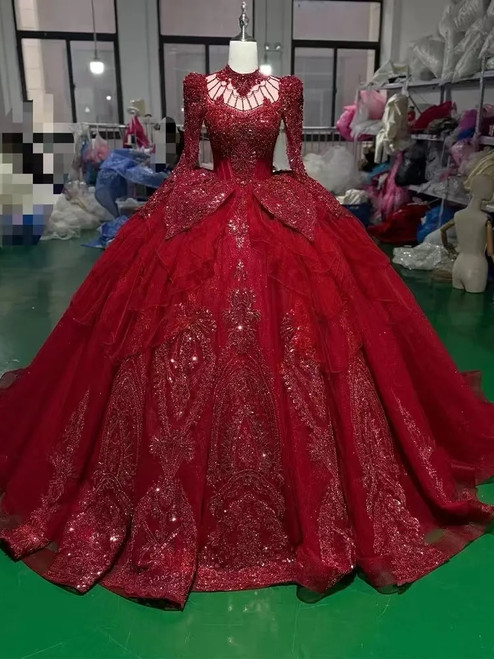 Red Tulle Long Sleeve Beading Wedding Dress