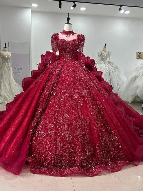 Tulle Sequins Appliques Long Sleeve Wedding Dress