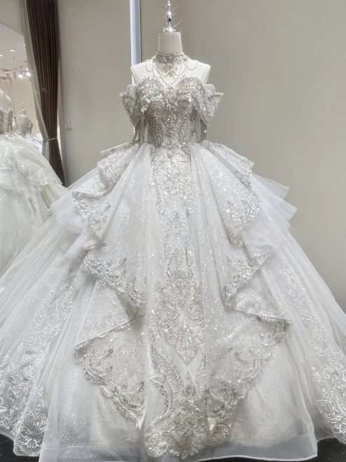 White Tulle Sequins Off the Shoulder Beading Wedding Dress