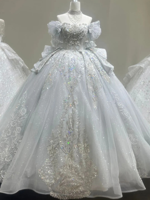 Light Blue Long Sleeve Beading Crystal Wedding Dress