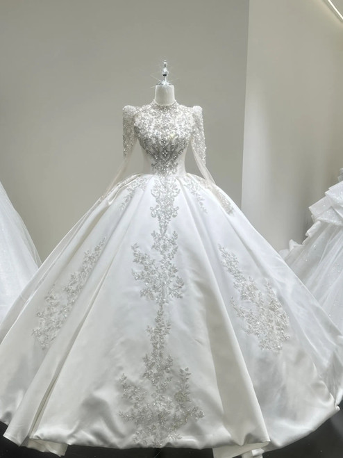 White Satin Long Sleeve High Neck Beading Wedding Dress