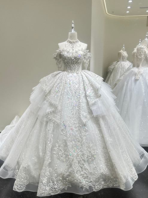 White Tulle Sequins Beading Wedding Dress