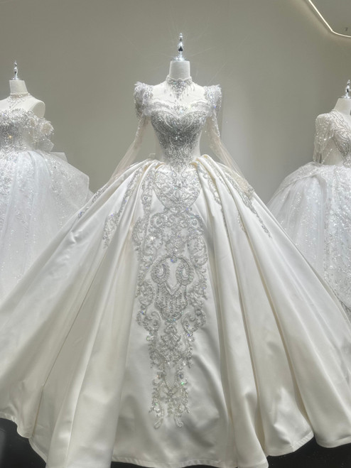 White Satin High Neck Long Sleeve Wedding Dress