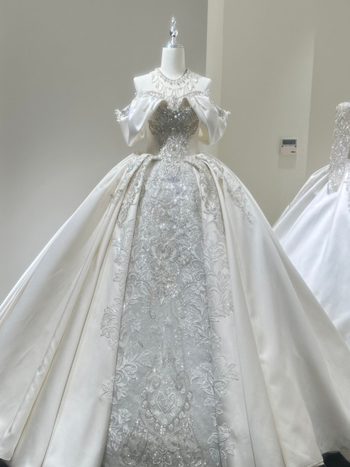 White Satin Beading Crystal Wedding Dress