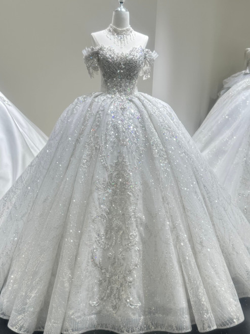White Sequins Off the Shoulder Beading Wedding Dress