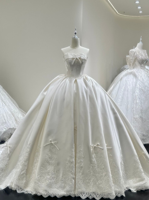 White Satin Strapless Lace Wedding Dress