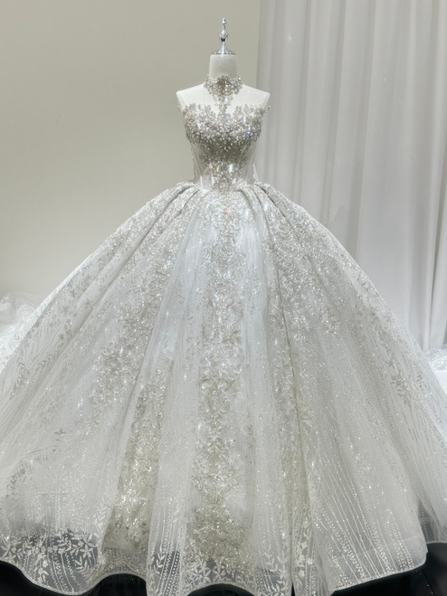 White Tulle Sequins Strapless Beading Wedding Dress