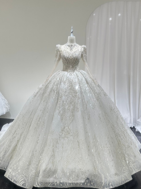 White Sequins Long Sleeve Beading Wedding Dress