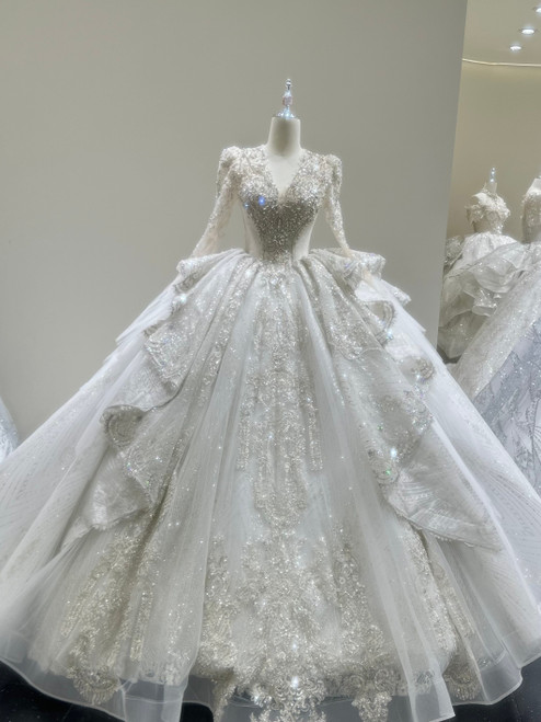 White Long Sleeve V-neck Sequins Wedding Dress