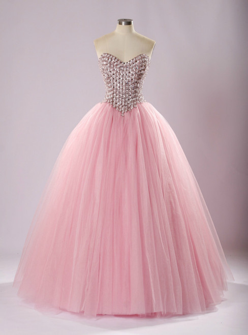 Pink A-Line Quinceañera Dress With Bejeweled Corset Crystal Sweetheart Prom Dresses