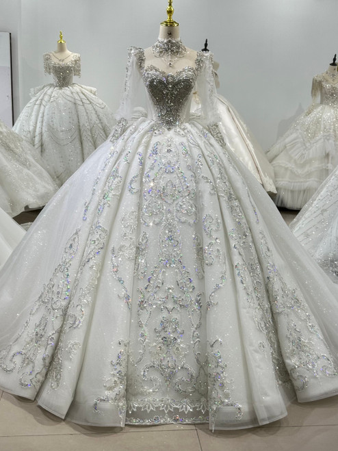 White Tulle Sequins Long Sleeve Wedding Dress