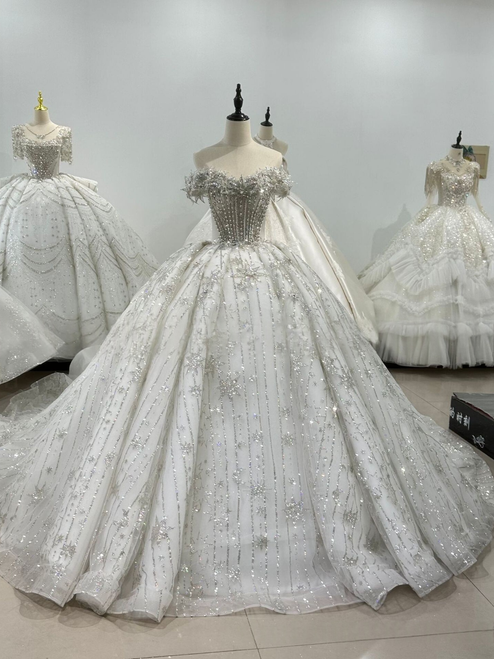 White Sequins Off the Shoulder Beading Wedding Dress