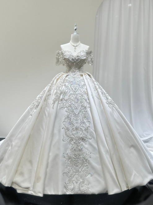 White Satin Off the Shoulder Beading Wedding Dress