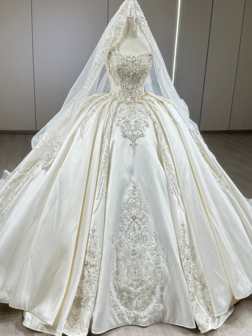 White Satin Strapless Beading Wedding Dress