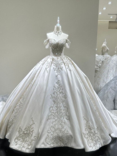 White Satin Off the Shoulder Beading Wedding Dress
