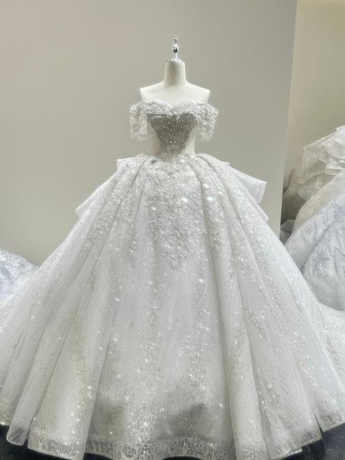 White Tulle Sequins Off the Shoulder Crystal Wedding Dress