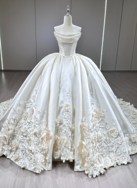 White Satin Strapless 3D Flower Wedding Dress