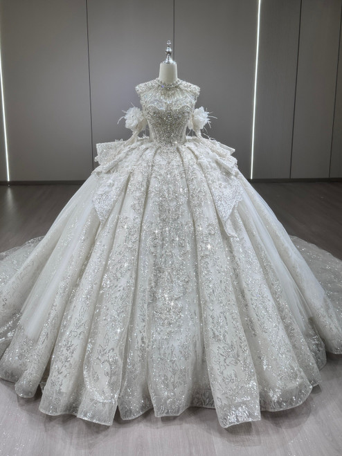 White Tulle Sequins Strapless Beading Wedding Dress