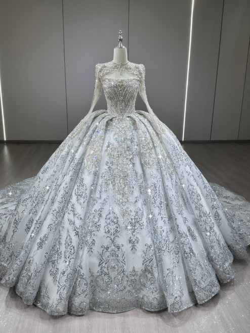 Tulle Sequins Strapless Long Sleeve Wedding Dress