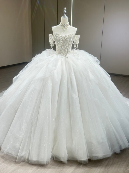 White Tulle Off the Shoulder Beading Wedding Dress