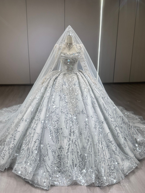 Blue Gray Sequins Strapless Beading Crystal Wedding Dress