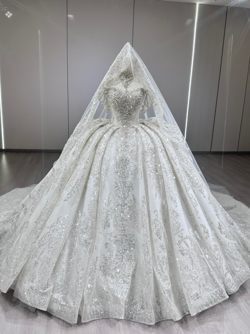 White Sequins Strapless Beading Wedding Dress