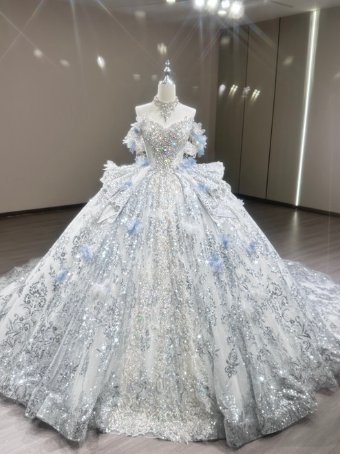 Silver Gray Sequins Strapless Beading Wedding Dress