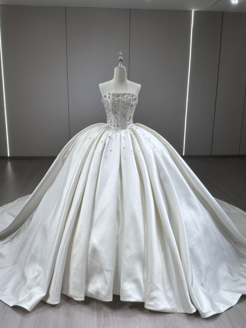 White Satin Strapless Beading Wedding Dress