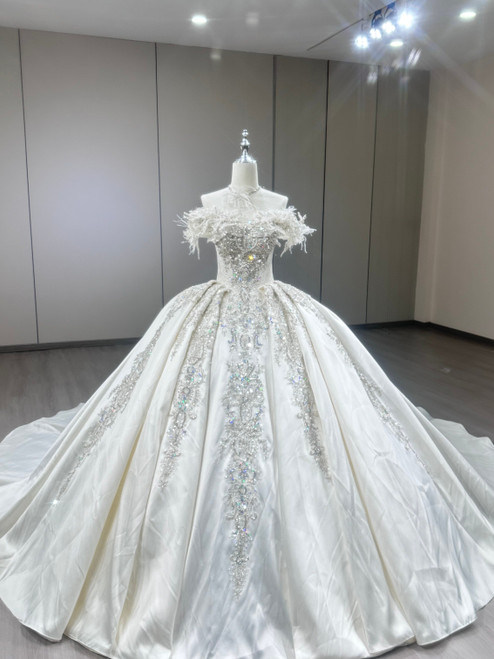 White Satin Off the Shoulder Beading Wedding Dress
