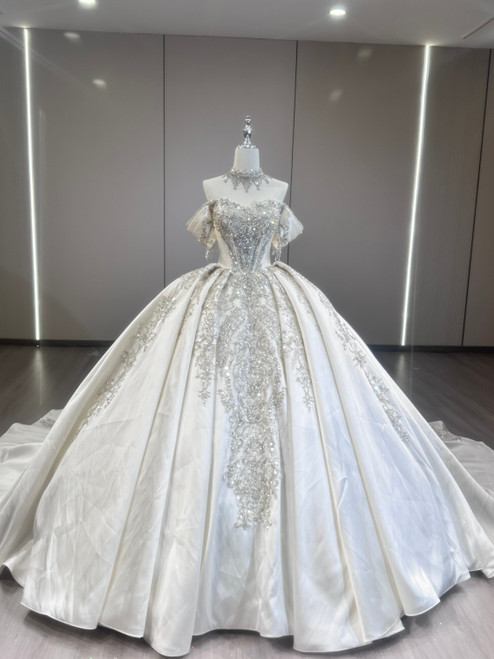 White Satin Off the Shoulder Beading Prom Dress