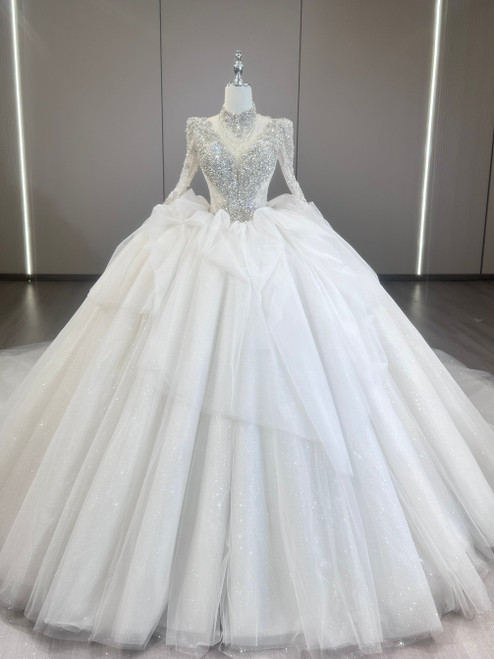White Tulle Long Sleeve Backless Wedding Dress