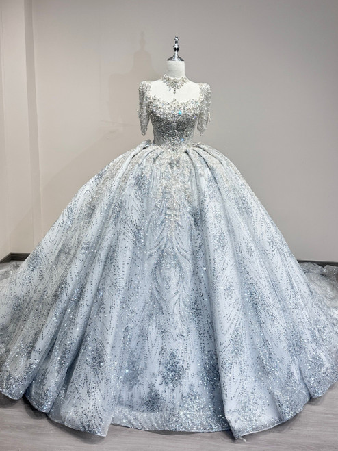 Gray Sequins Short Sleeve Beading Wedding Dress