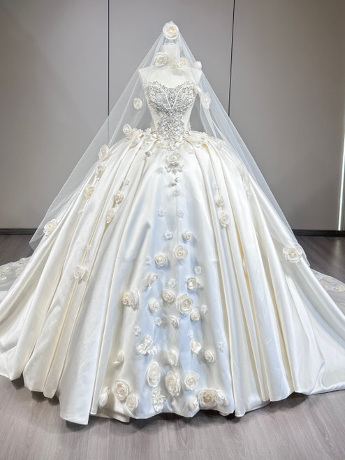 Ivory White Satin Strapless Flower Wedding Dress