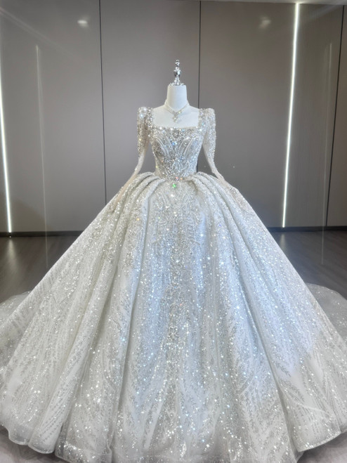 Beige White Sequins Long Sleeve Beading Wedding Dress