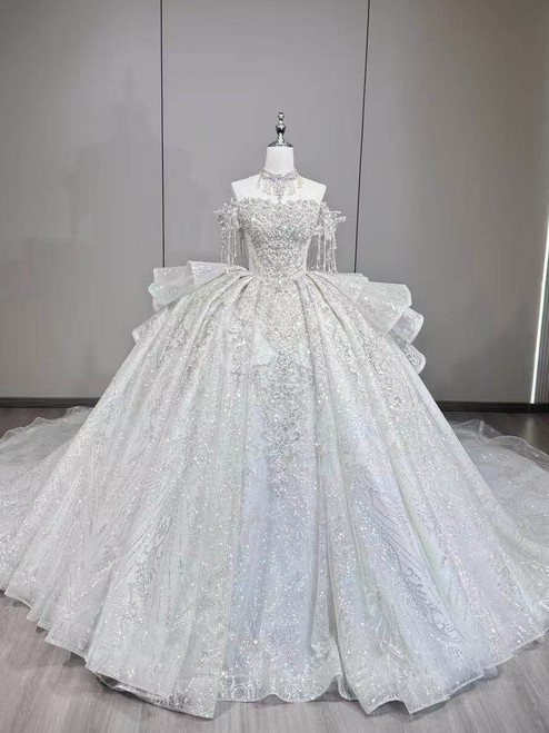 White Tulle Sequins Beading Wedding Dress