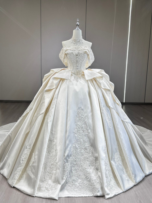 Beige White Satin Strapless Lace Wedding Dress