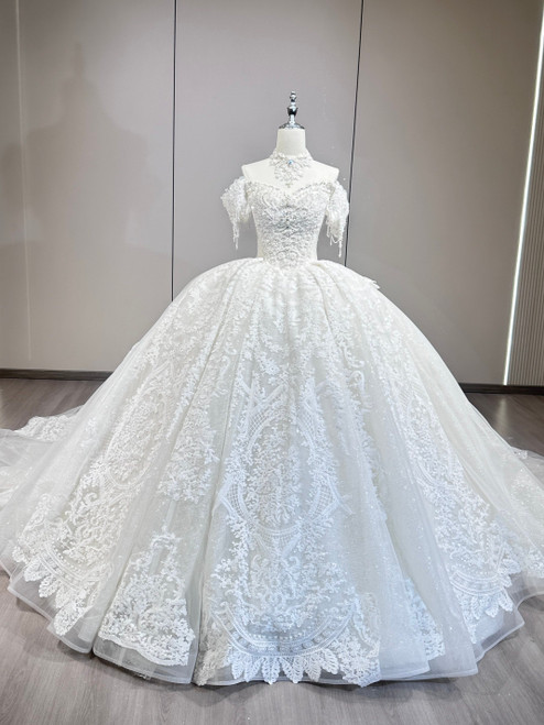 White Tulle Lace Off the Shoulder Beading Wedding Dress